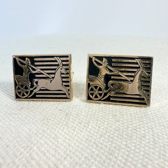Vintage Swank Roman Horse Chariot Cufflinks Gold-Tone Black Signed Retro MCM - Picture 1 of 8